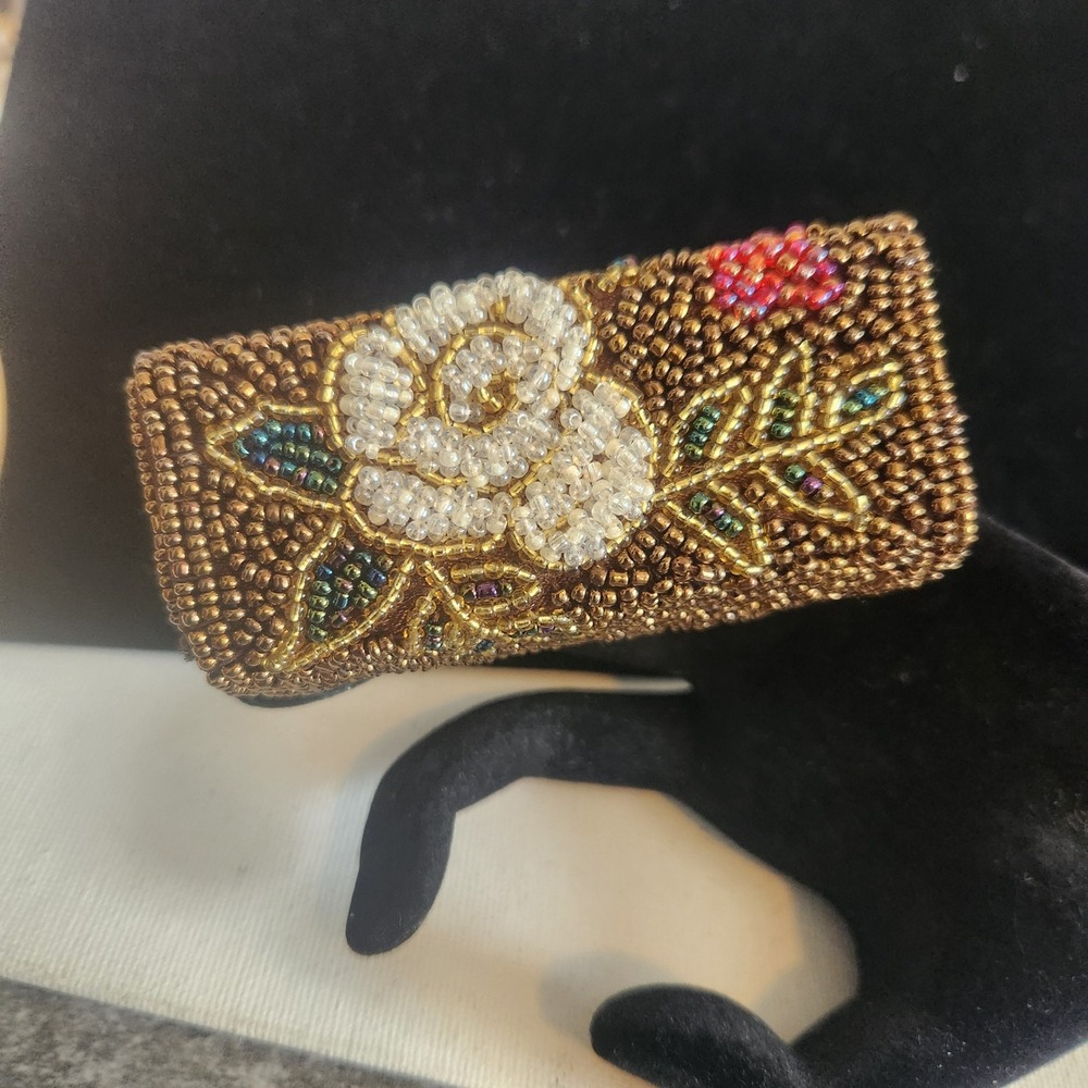Floral seed Bead Lipstick Case with Mirror Bronze White Rose‎ Snap Closure